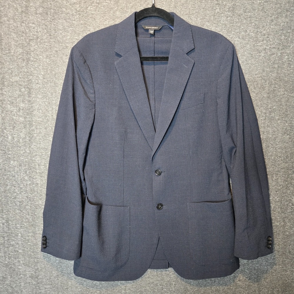 Banana Republic Blazer Mens 38R Blue Slim Fit Performance Wool Seersucker Check - Picture 2 of 12